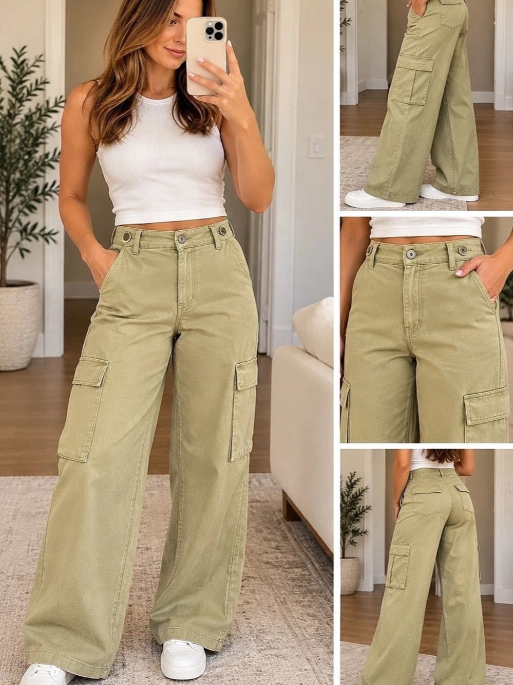 EM Wide Leg Cargo Pants in Green Cotton